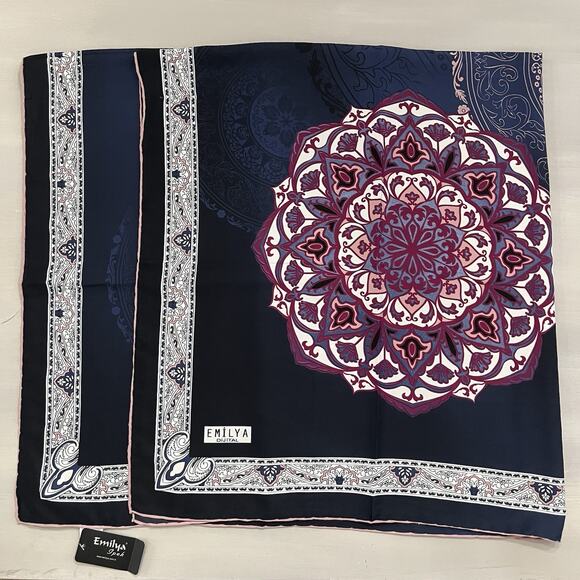 EMILYA Silk Scarf Geometric Floral Rolled Hem Navy Blue Purple NWT 40x41” - Picture 1 of 13